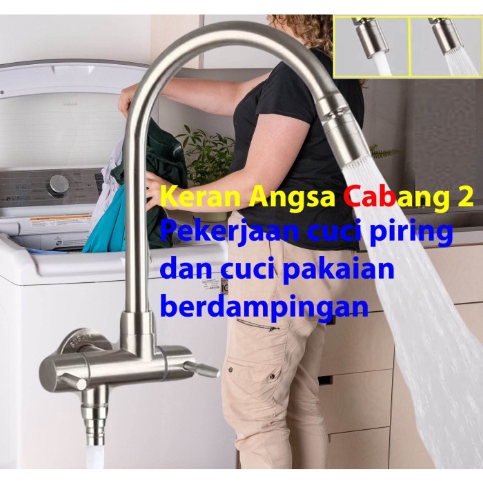 .........] Keran Bebek Angsa Cabang 2 Stainless 304. Keran Sink Dapur, Mesin Cuci