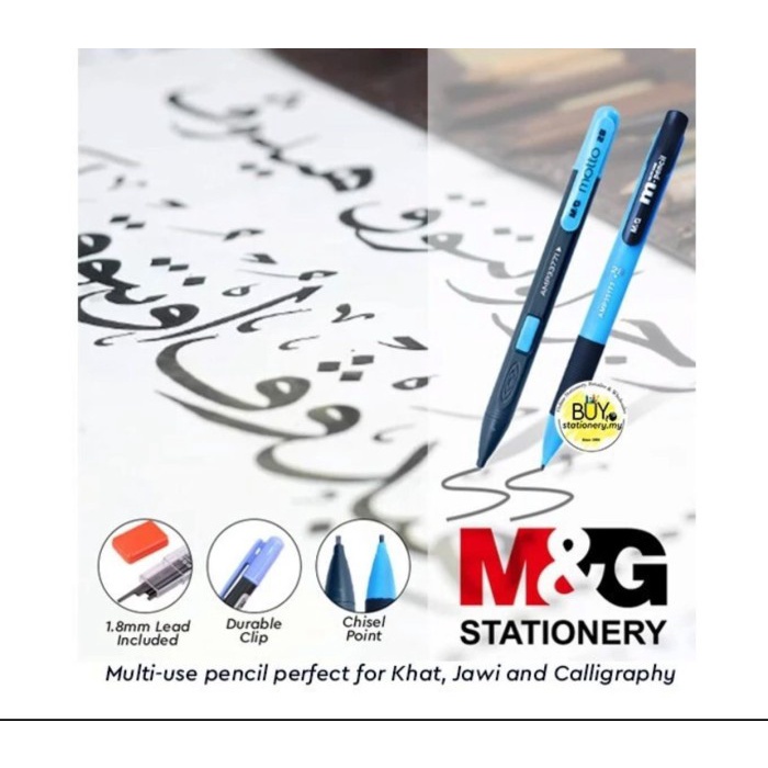 

+++++] pensil mekanik kaligrafi 1.8 M&G motto 2B chisel lead plus refill hamp