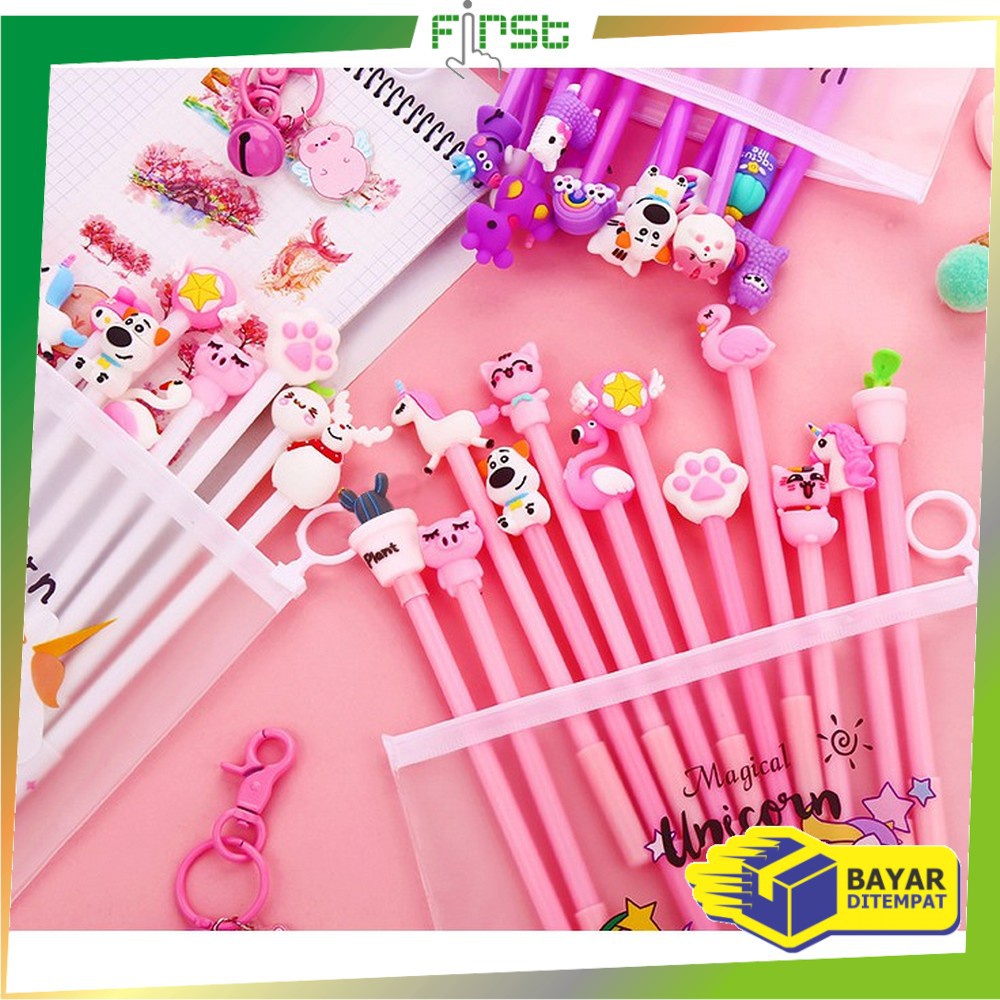 

*COD*FH-A15 Pulpen Gel Karakter Lucu Set Isi 20PCS Pena FREE Zipper Pouch Tempat Pensil Transparan