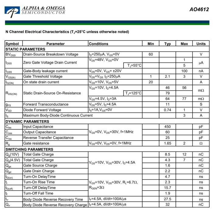 (Expert) AO4612 60V N-Channel & P-Channel Mosfet 4612 SOIC-8 Alpha Omega Origin