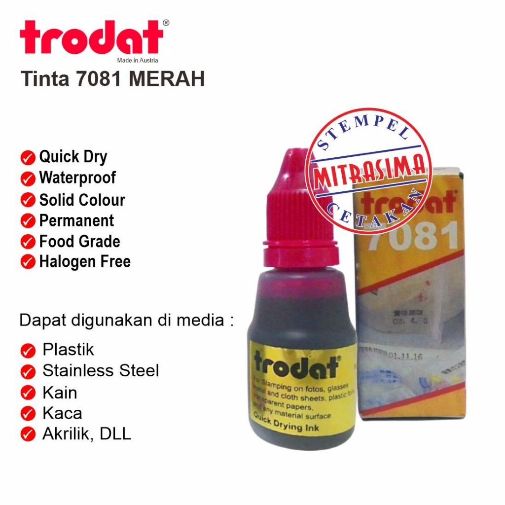 

Tinta untuk plastik, kaca, keramik Trodat 7 warna Merah