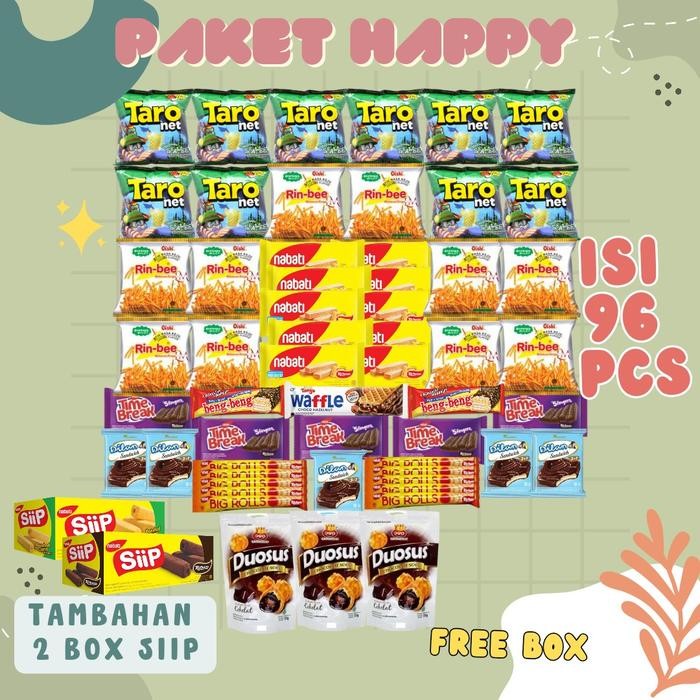 

Kirim,HariYgSama- Paket Snack Cemilan isi 96 pcs HAPPY Bonus tambahan snack Hadiah Gift Food