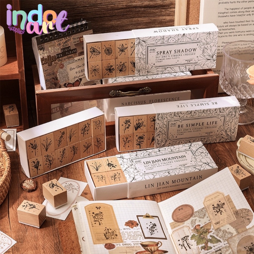 

(IAS) 12 pcs Wooden Stamp Plant Flowers Leaf Feather pel Retro Vintage Style