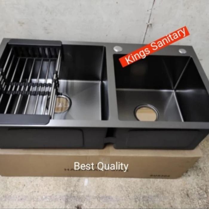 Kitchen Sink Hitam 2 Lobang Komplit Set/Wastafel Cuci Piring Stainless - Asli