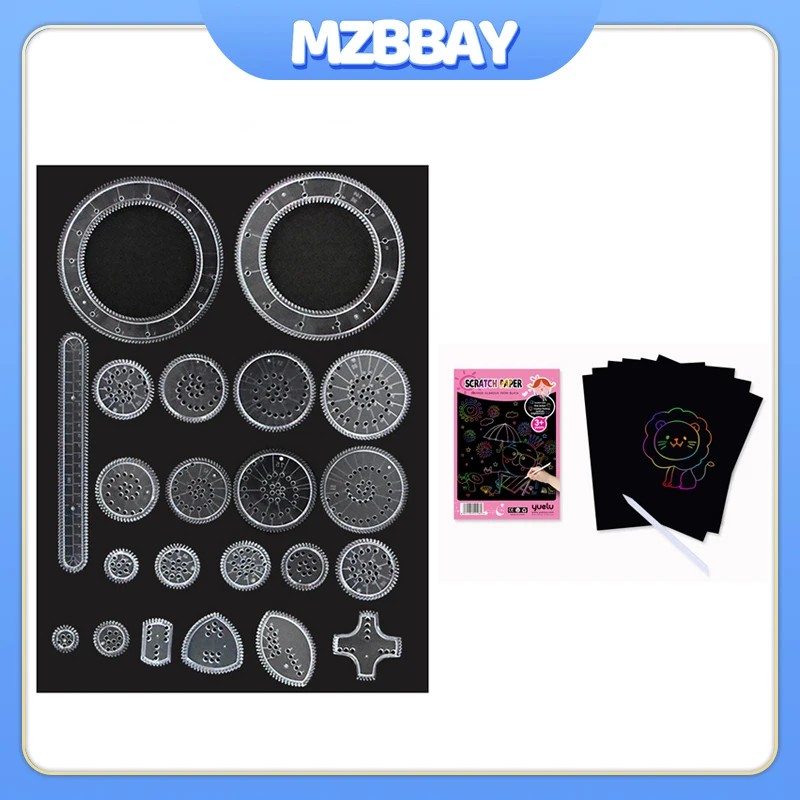 

10-33Pcs Geometry Spirograph Drawing Stencil Set Scratch Rainbow Papers Classic Gear Spirograph