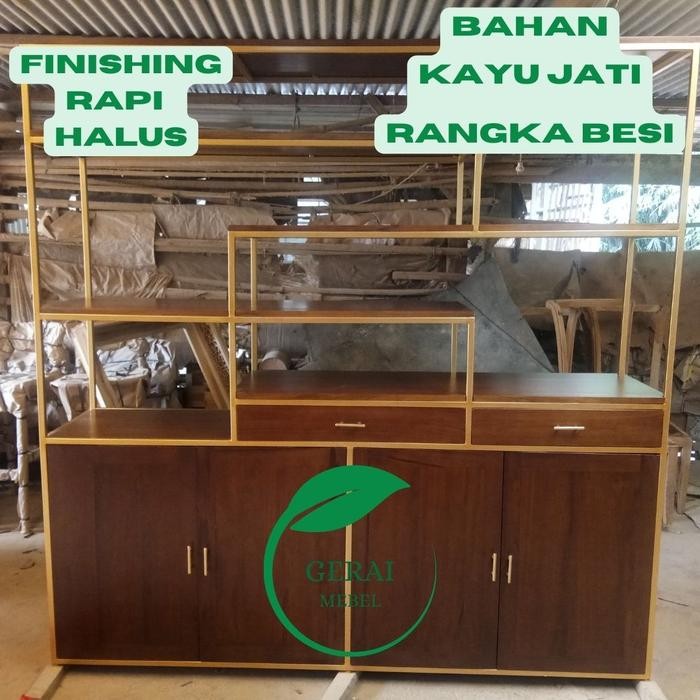 (TOP) LEMARI PARTISI MINIMALIS BESI KAYU JATI WARNA GOLD KOMBINASI MELAMINE