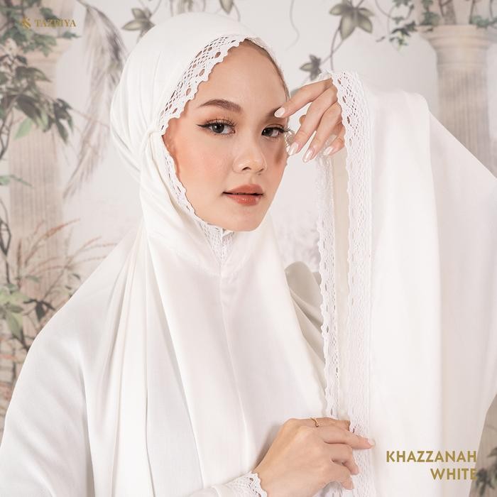 Tazbiya Khazzanah Mukena Rayon Satin Putih Renda Umroh Lebaran Haji Mukena Mewah Simple Putih