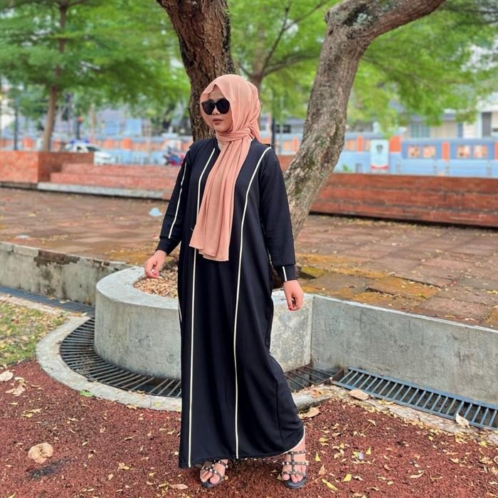 Modest- Lokal By FX - Gamis Muslim Knit Wanita BORNEO Motif Salur Garis Lengan Panjang / gamis