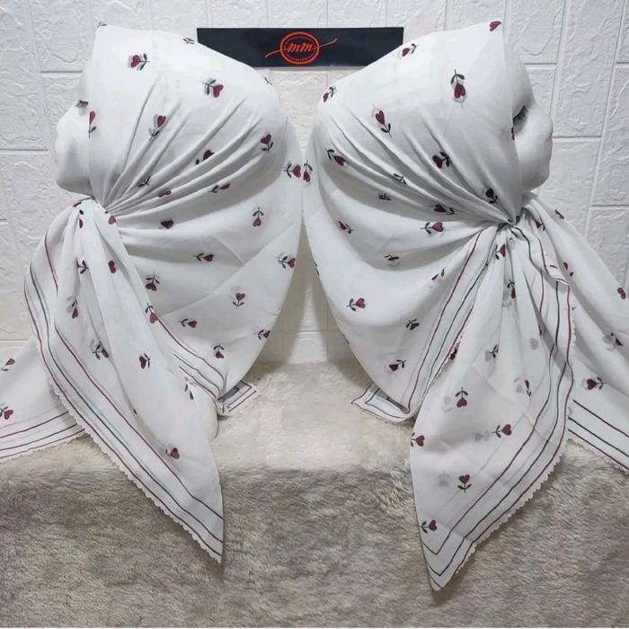 cantikk- HIJAB SEGI EMPAT VOAL MOTIF BUNGA TULIP PUTIH