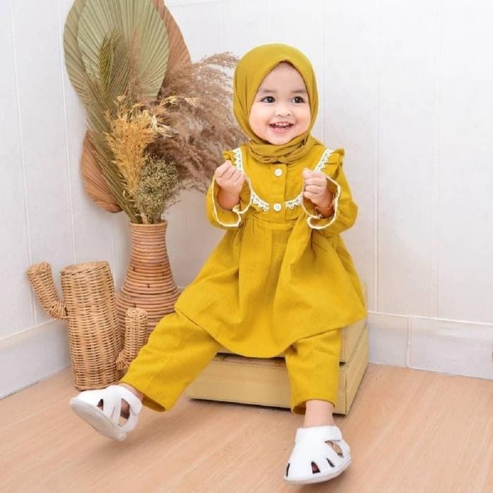 Hayya- Baju Setelan Anak Perempuan Muslim 0-3 tahun ( TANPA HIJAB ) Dress Celana Panjang Bahan
