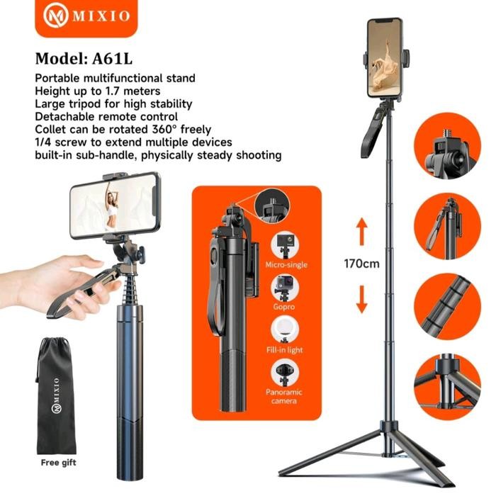 Mixio A61L 170Cm Tongsis Tripod Bluetooth Remote Stick Hand Stabilizer