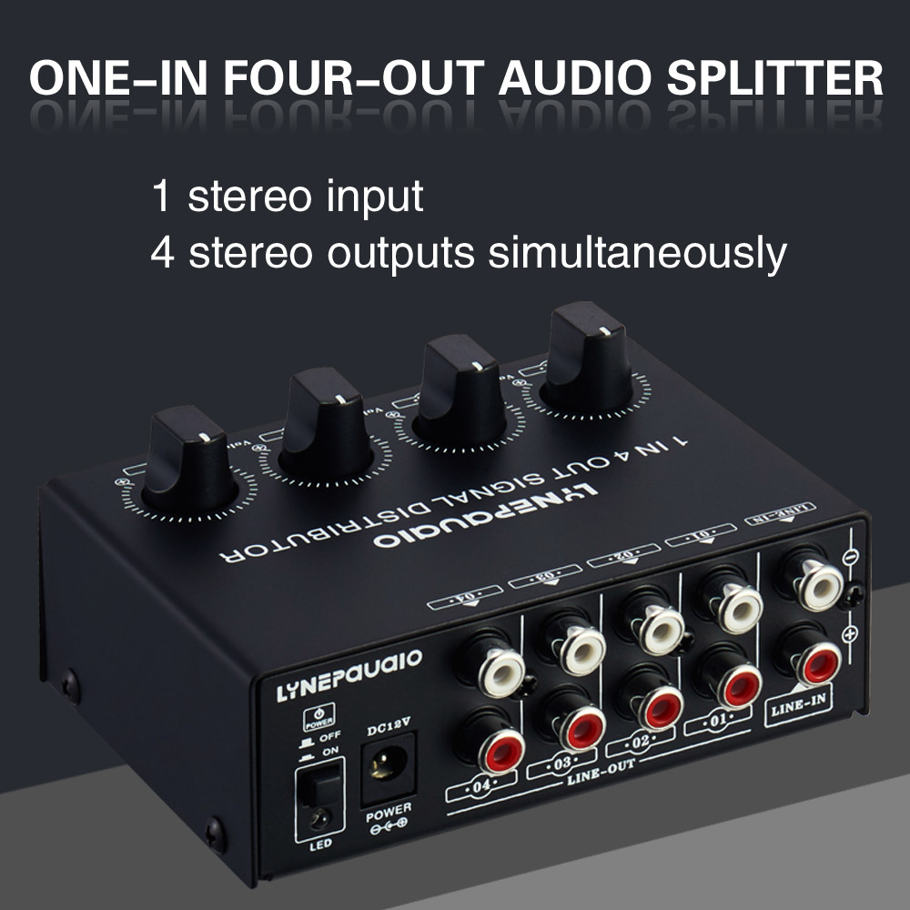 1 In 4 Out Stereo Signal Amplifier Distributor Independent Output Volume Adjustment Lossless
