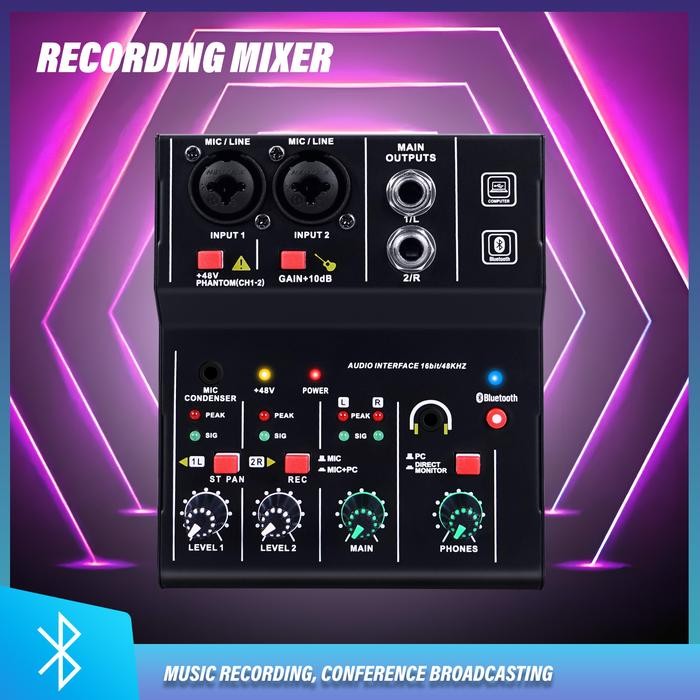 mini 2 Channel Bluetooth USB Sound Card mixer audio SoundCard Audio Interface for Recording,