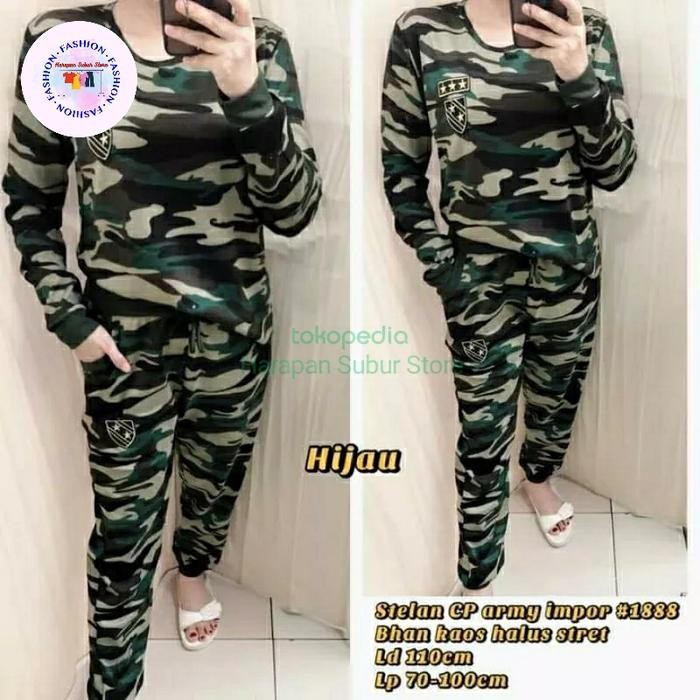 Setelan Baju Lengan Panjang Olahraga senam Loreng Army Wanita