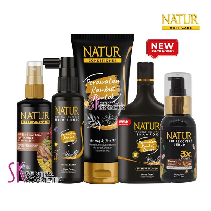 NATUR Paket Rambut Rontok Hair Fall Treatment Ginseng Extract Organik Sampo Conditioner Vitamin