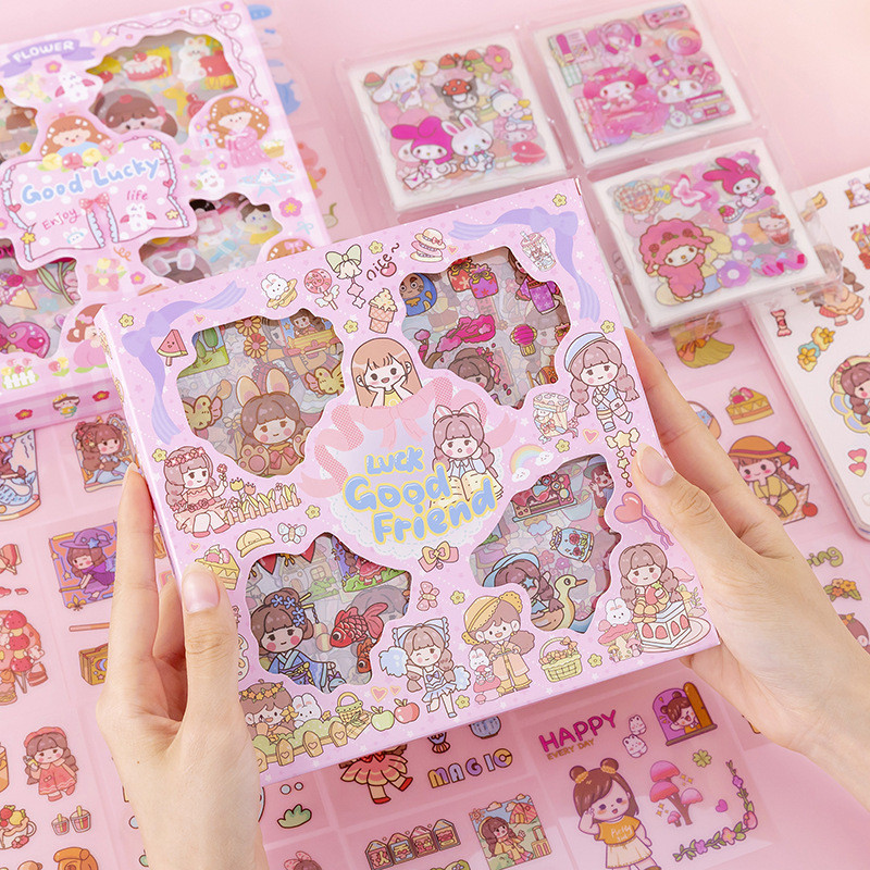 100Pcs Hand Account Sticker Suit Gift Box Cute Cartoon Sticker Girl Hand Account Material Stationery