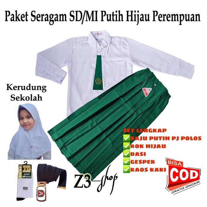 setelan seragam sekolah madrasah mi putih polos rok hijau perempuan lengan panjang kelas 1-6 anak