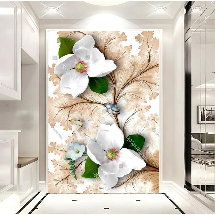 Senja_Craft Wallpaper Dinding Bunga Mawar Putih 3D , Stiker Bunga Mawar Putih 3D Dinding Ruang Tamu