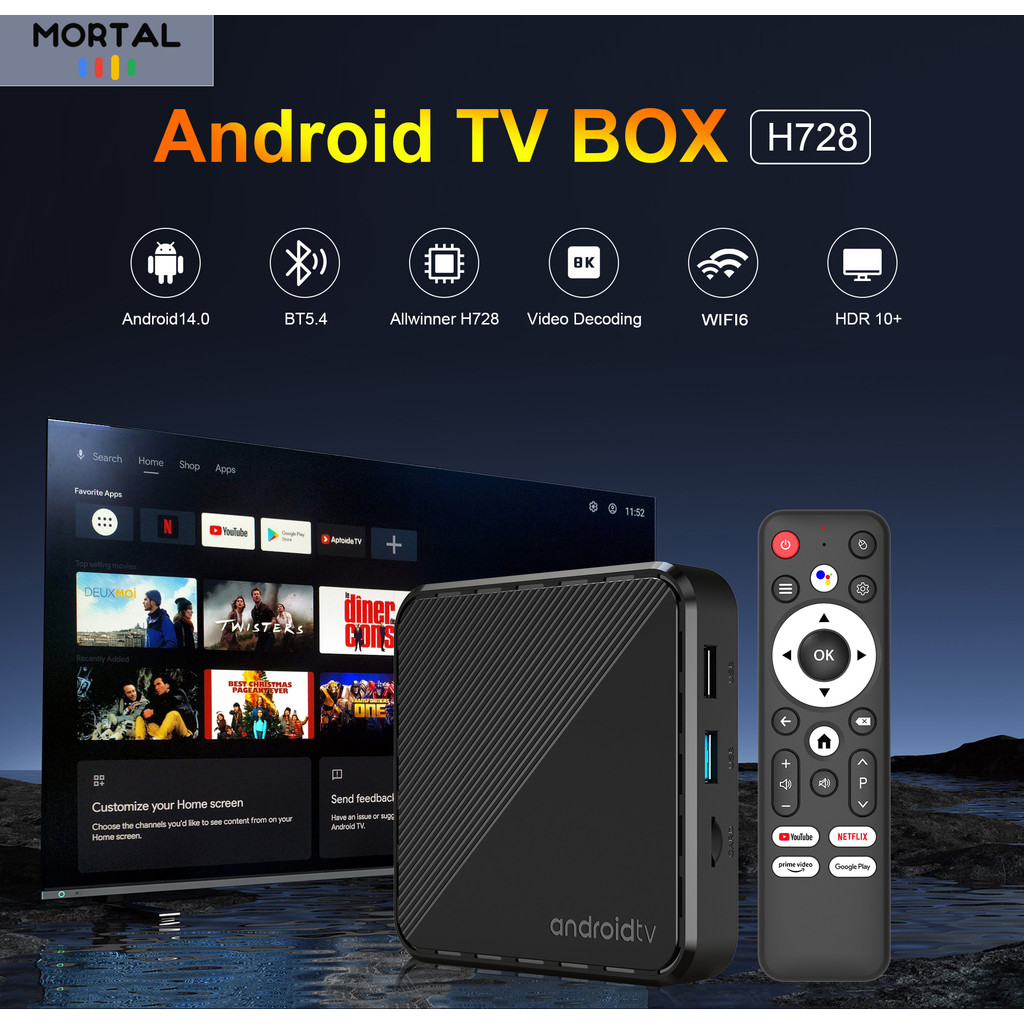 Andriod 14 TV Box Voice Control 8K Ultra HD Allwinner H728 Octa Core Netflix YouTube Tv box WIFI6 10