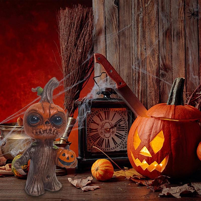 Resin Pumpkin Figurine Halloween Decorative Pumpkin Sculpture Spooky Resin Evil Pumpkin Statue Creat