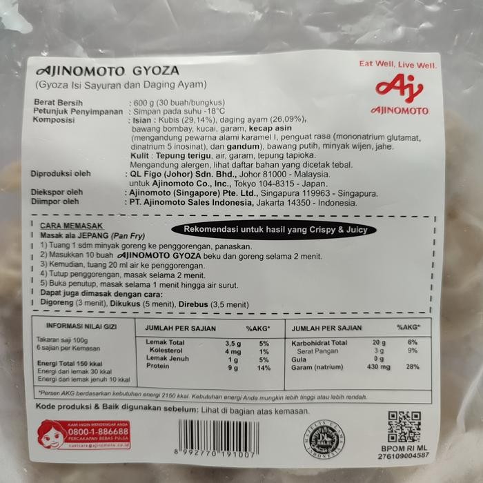 

GYOZA CHICKEN FROZEN AJINOMOTO 30PCS - AYAM DAN SAYURAN HALAL PREMIUM