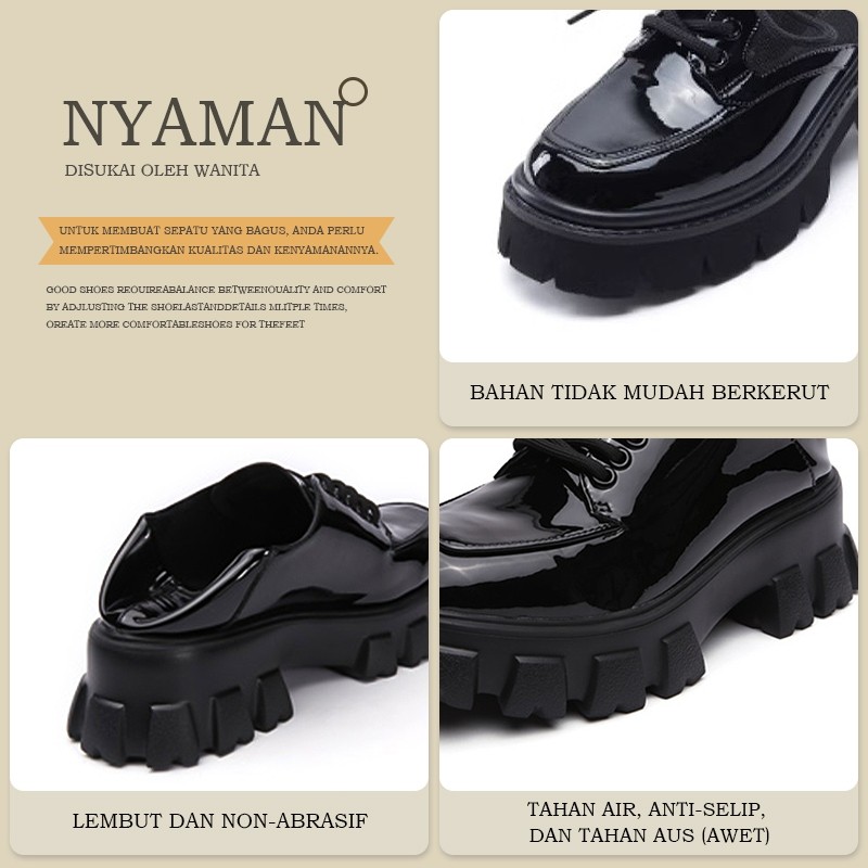 VANSICO Sepatu Oxford Wanita Premium Anti Air Platform Boots Kulit Boot Hitam Cewek Casual Shoes