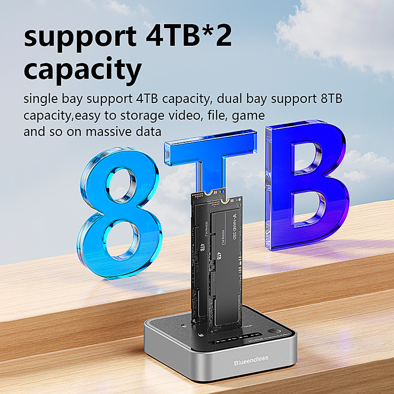 Blueendless Dual-Bay M.2 Nvme Ssd Clone M.2 Nvme Ssd Reader 20Gbps Usb3.2 Type C Offline Clone