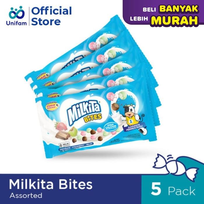 

PastikanTerjaminMutunya- Milkita Bites 5 Pack - Permen Susu Cokelat, Stroberi, & Melon