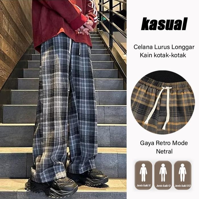 Modo- Celana Kotak-Kotak Korea Celana Katun Uniseks Yang Modis Celana Longgar Kasual Celana