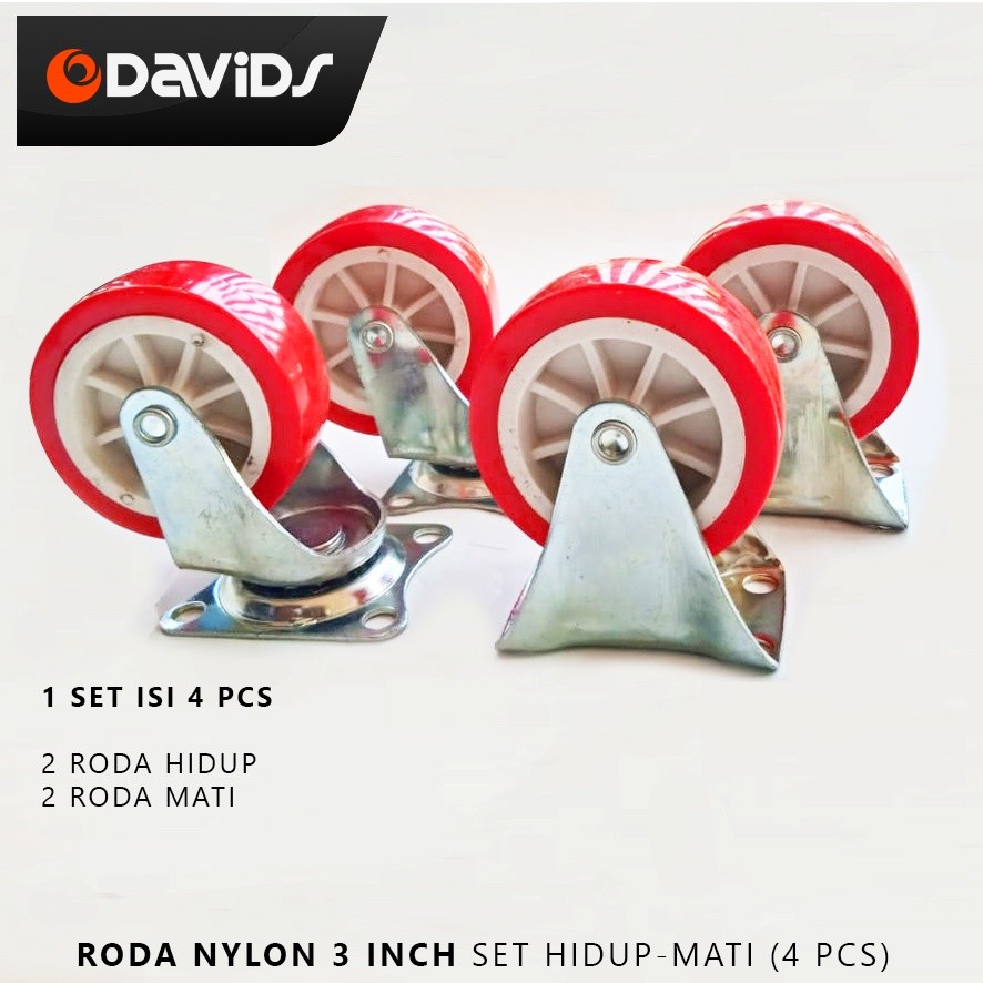 Bombardilomedis Roda Troli Etalase Lemari Ban Meja Caster Merah 3 Inch Set Hidup Mati