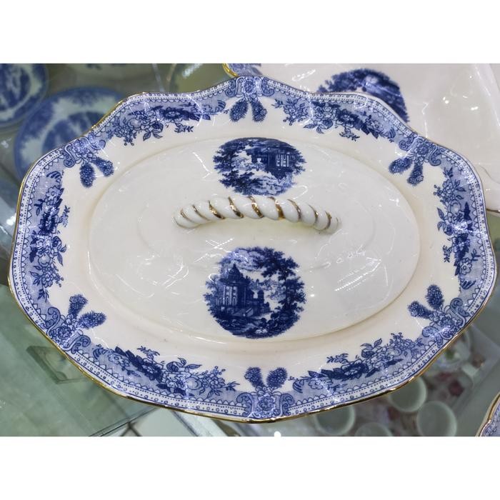 wadah saji + tutup Chinoiseries/Keramik Putih Biru Kecil