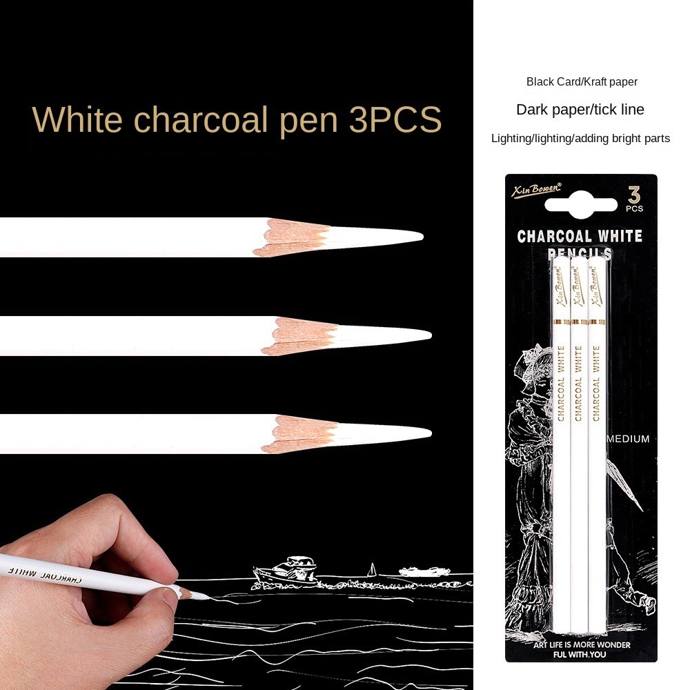 

3Pcs Soft/Medium/Hard Charcoal Pencils Set Drawing Pencil White/Black Charcoal Pen Sketch Pencil Art