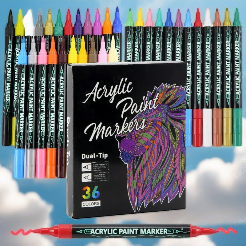 

12/36/48Pcs Acrylic Paint Brush Markers Set Dual-Tip Pens For Fabric, Canvas Rock Stone Painting,