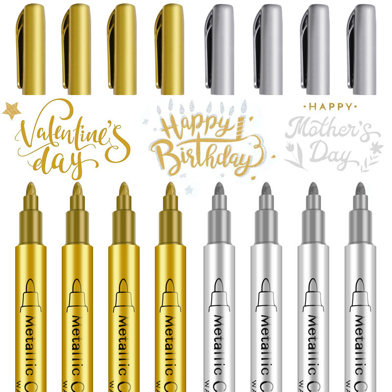 

2-4Pcs Highlights Metallic Marker Pen Brush Tip Gold Silver Hard Nib Drawing Paint Diy Permanent