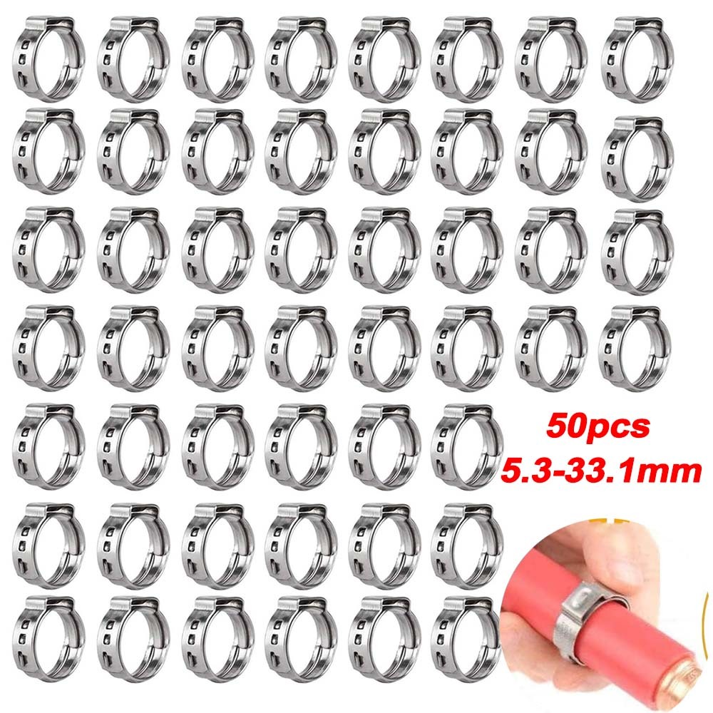 

50Pcs Hose Clamps Single Ear Stepless 5.3Mm-33.1Mm 304 Stainless Steel Hose Clamps Cinch Clamp Rings