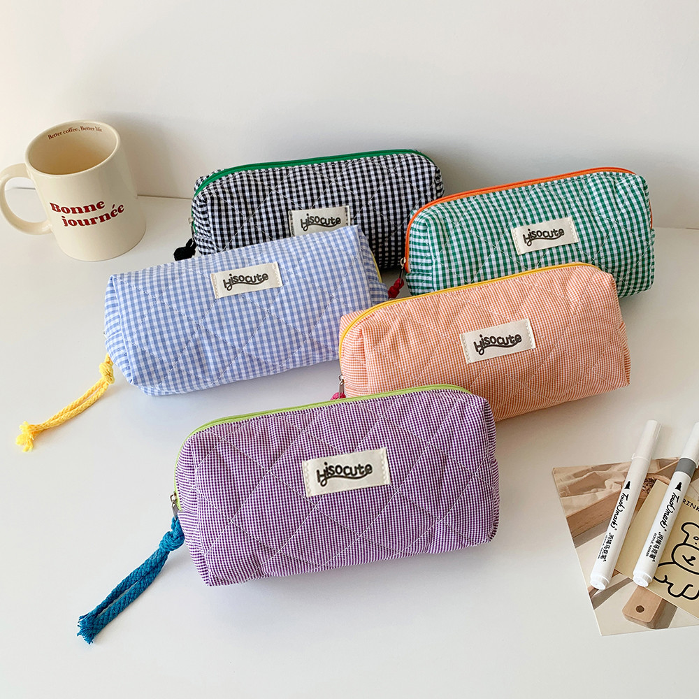 

Ins Style Large Capacity Plaid Cloth Pencil Case Korean Style Cloth Makeup Bag Simple Style Student