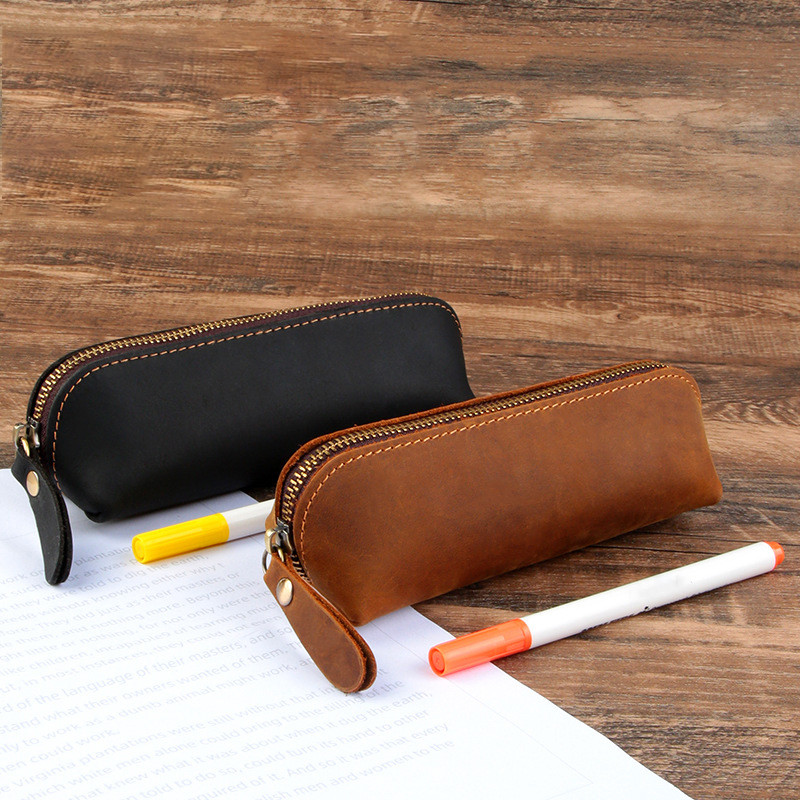 

Vintage Genuine Leather Pencil Bag Handmade Zipper Pencil Case Portable Cosmetics Stationery Storage