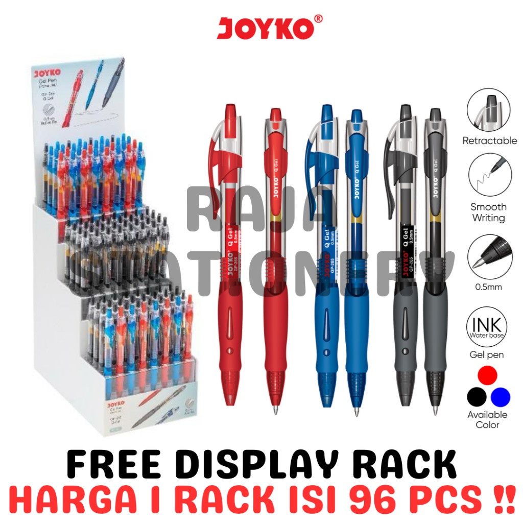 

JOYKO GEL PEN QGEL BLACK BLUE RED PENA PULPEN JOYKO CETEK Q-GEL HITAM BIRU MERAH GP-265 PACK FREE RACK DISPLAY [96PCS] - RAJA BIGBOX