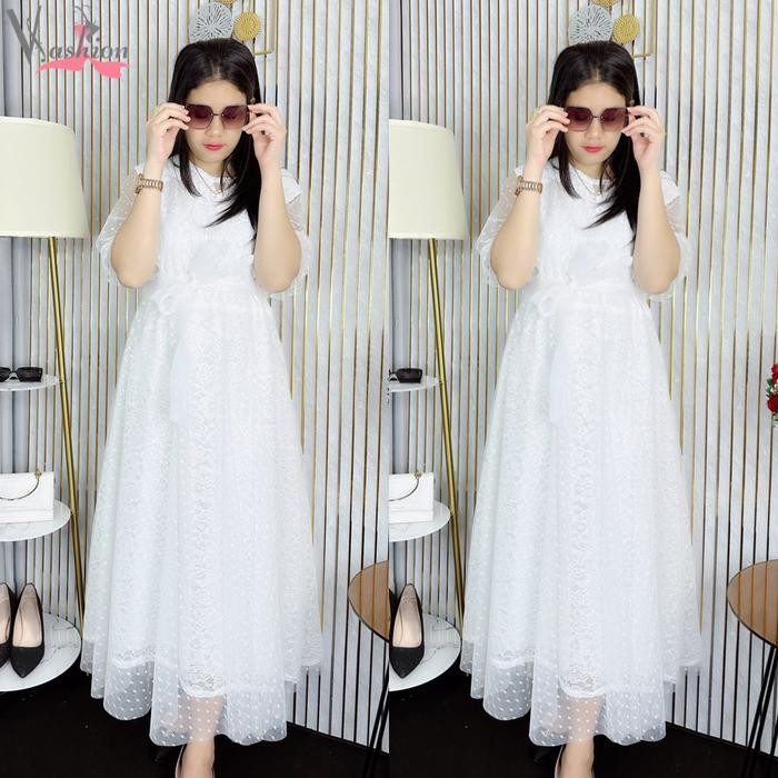 Clavie- Longdress Brukat Kombinasi Tile Tutu Polos Putih 20110 Gaun Vima Premium Panjang