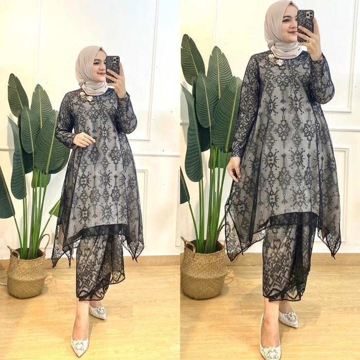 Trenatik- Set Kebaya Khalisa Atasan Tunik Dan Rok Baju Kondangan Premium Mix Brokat Motif Etnik