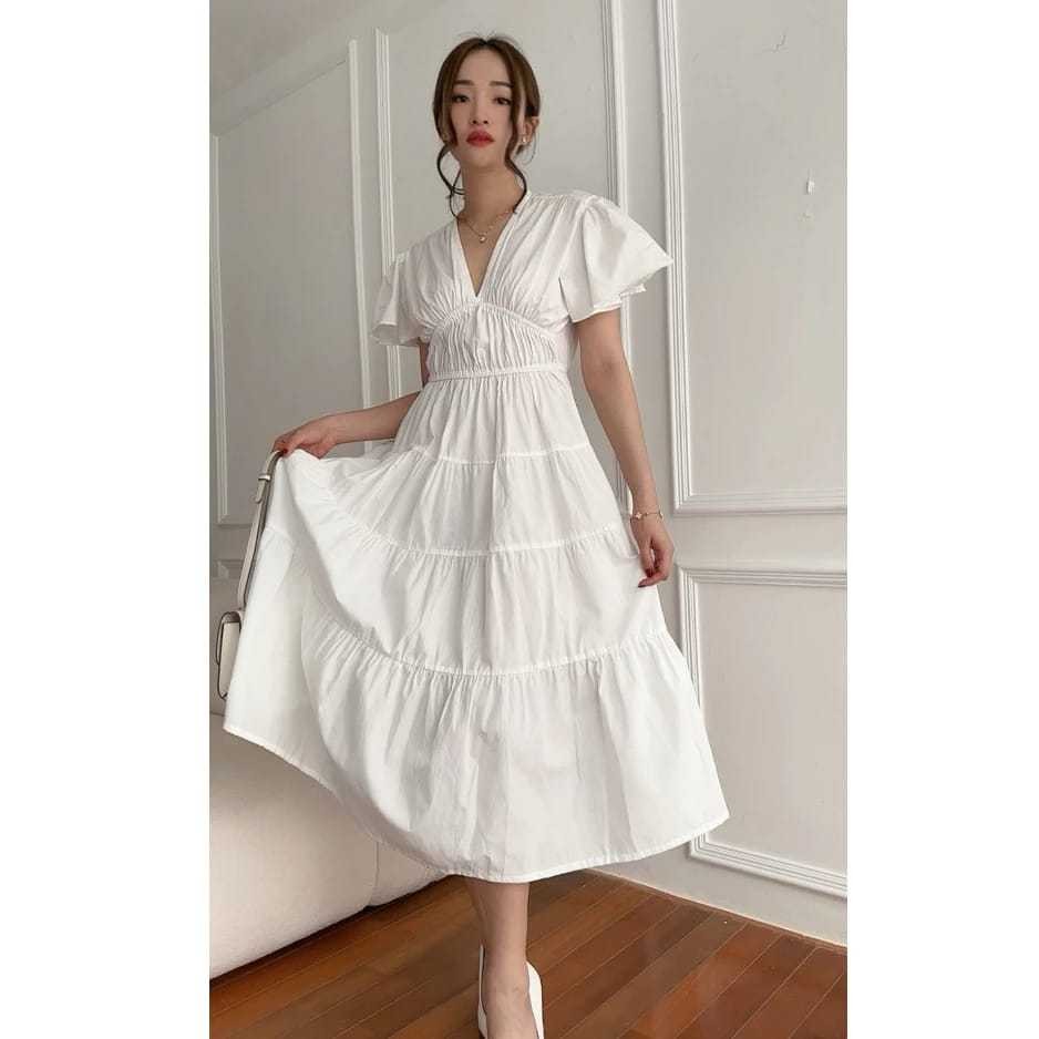 PROMO / Megan Midi Dress Wanita Rok Susun Leher V Tangan Pendek Korean Style Bahan Rayon Twill
