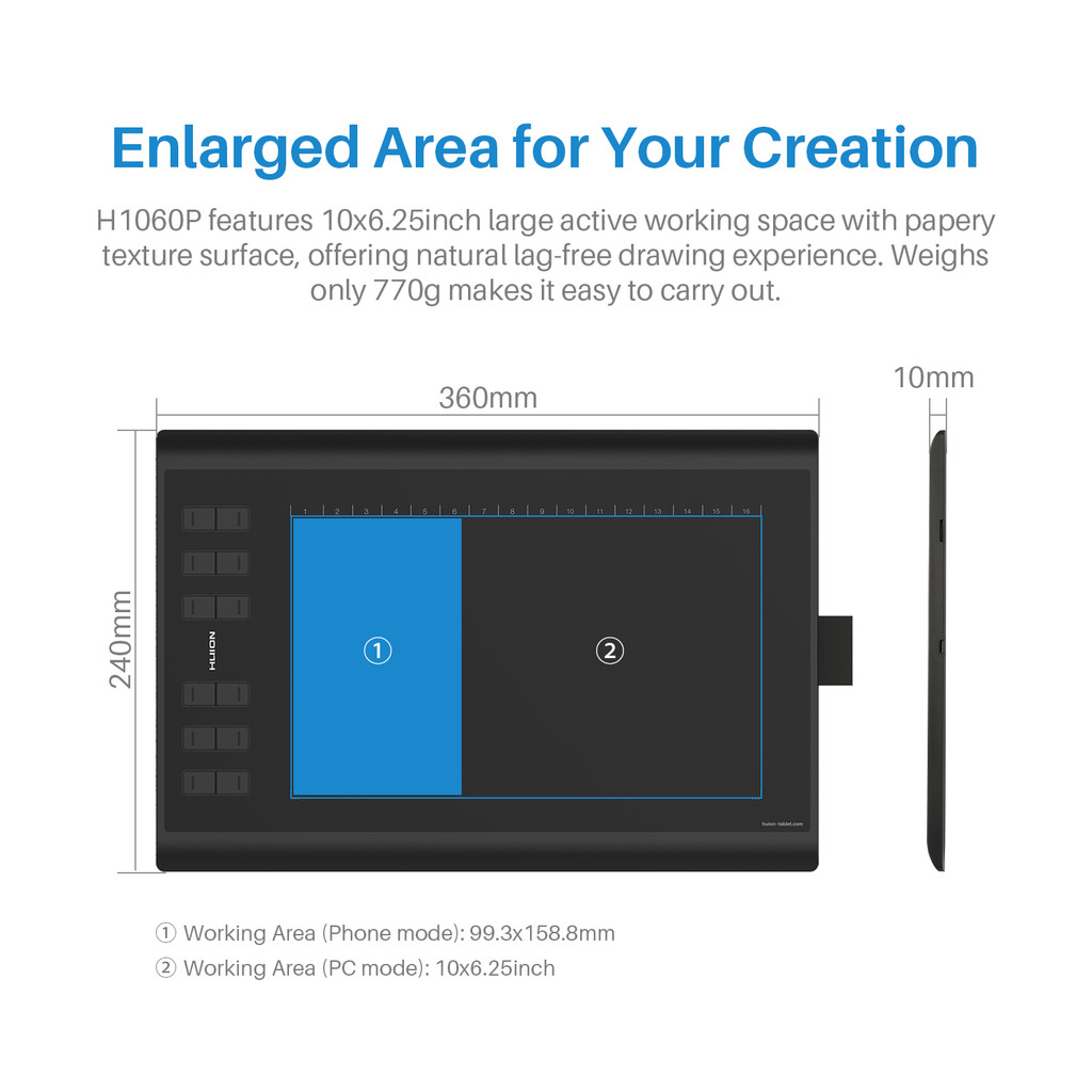 

Huion Inspiroy H1060P Graphics Drawing Tablet With 8192 Pressure Sensitivity Battery-Free Stylus And