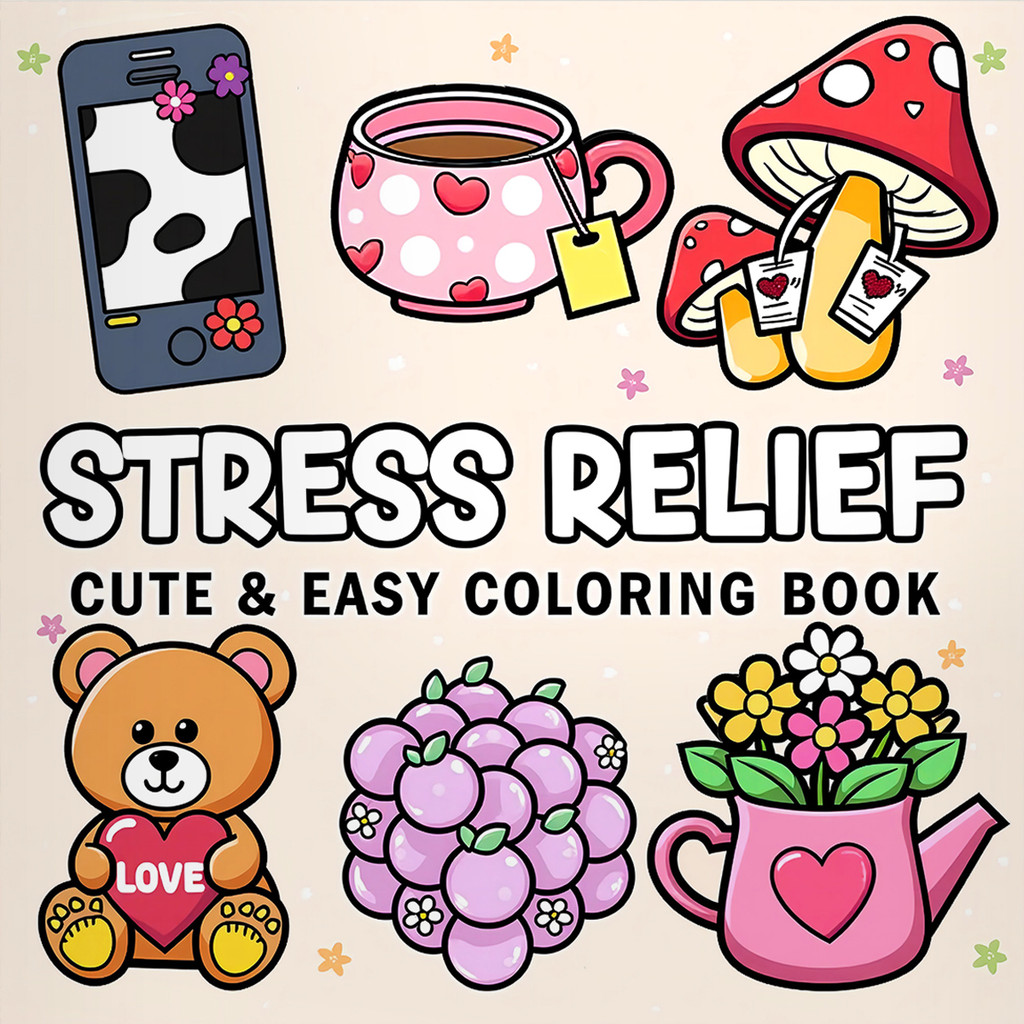 

Stress Relief Cute & Easy Coloring Book For Adults And Teens - 24 Pages Adult Picture Book Emotional