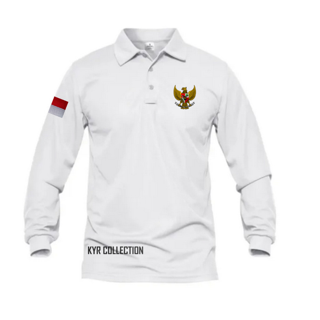 LOGO BENDERA GARUDA BORDIR KAOS KERAH PRIA DAN WANITA LOGO PANCASILA MERAH PUTIH LENGAN PANJANG