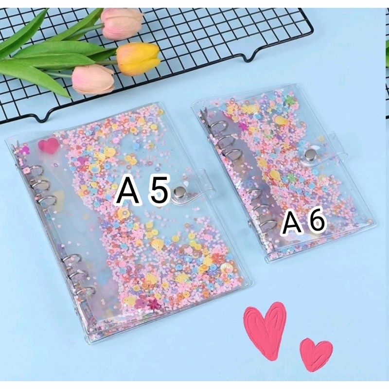 

[READY] Binder A6 , Sequin/ Manik, Daisy, Glitter, Ring Warna, Hitam, Bening, Diary, Jurnal, Binder
