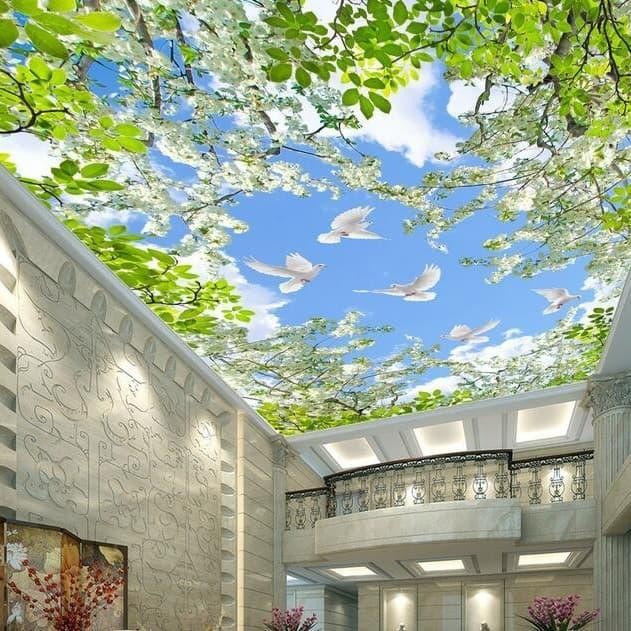 jual murah wallpaper 3D plafon custom motip awan putih & daun hijau