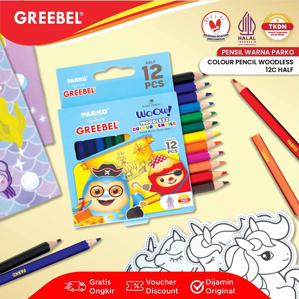 

PARKO Pensil Warna Half 12 Warna / Colored Pencil / Alat Mewarnai / Woodless Colour (12 PKW-906)