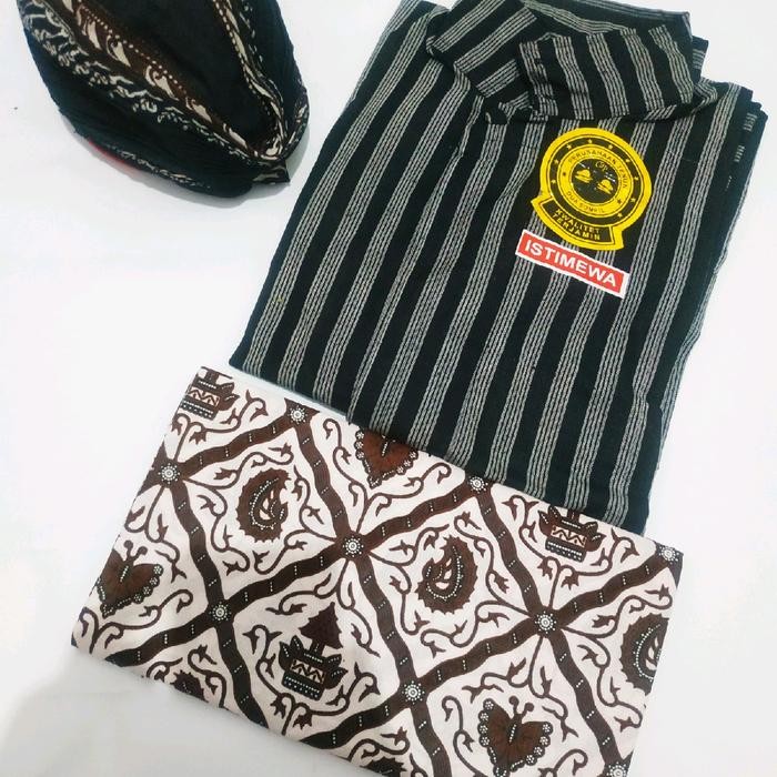 ASLI Paket Surjan Lurik Abu + Jarok Batik Motif Sidomukti putih + Blangkon Lipat Setelan AKhas Jogja
