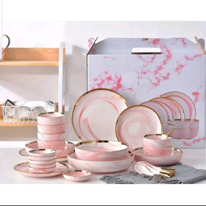 Piring Makan Marble Set 26 Pc/Piring Makan Mewah With Gift Box