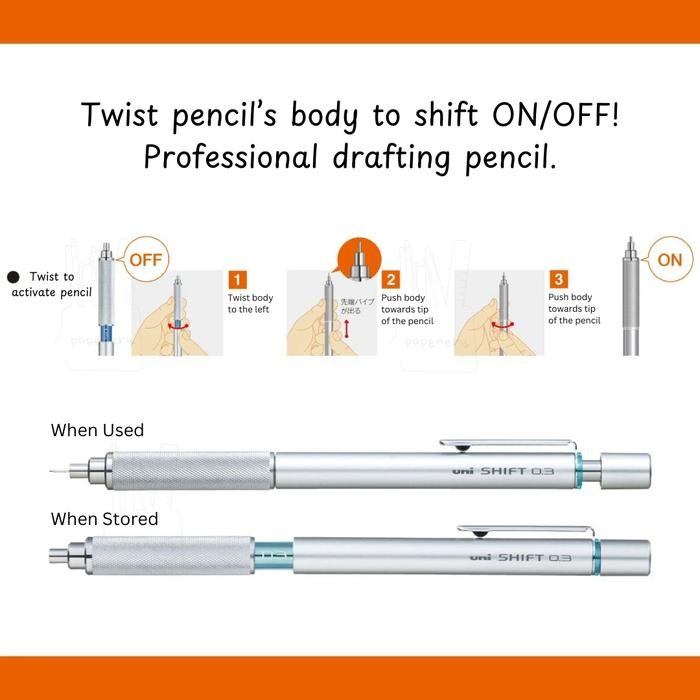 

Ready JT Uni Shift Pipe Lock Drafting Pencil Mechanical Pencil 0.3 0.4 0.5 0.7 0.9 mm Pensil Mekanik
